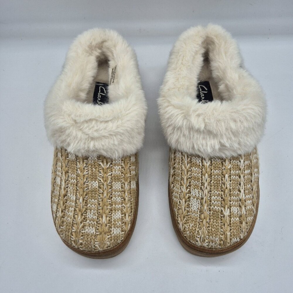 Clarks Women's slippers Size 7 M Beige Tan Knitted Faux Fur Collar Lined Clog - Picture 2 of 11